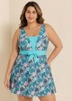 Charming Plus Size Green Tropical Floral Knot Front One Piece Swimdress