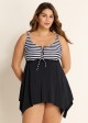 Black And White Striped Tie-Front Drawstring Asymmetrical Hem Swimdress Top