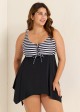 Black And White Striped Tie-Front Drawstring Asymmetrical Hem Swimdress Top