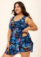 Romantic Blue Floral Print Back Cross Flowy Swim Dress Set