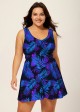 Purple Scoop Neck Plants Print Tie Front Modest Plus Size Swim Dress Set