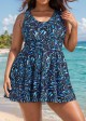 Curvy Black Leaf Print Modest Swimsuit And Swimwear Swimdress Set
