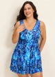 Plus Size Blue Leaf Vintage Padded Cross Back Women's Swimsuit Two Piece Swimdress Set
