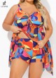 Color Block Abstract Print Hollow Out Tie Front Swimdress Set