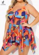 Color Block Abstract Print Hollow Out Tie Front Swimdress Set