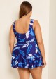 Blue Plant Print Ruched Wide Strap Fashionable One Piece Swimdress