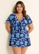 Blue Leaf Print Front Knot Short Sleeve Swimdress Set