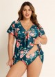 Plus Size Green Floral Short Sleeve Ladies Bathing Suits Swimdress Set