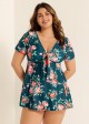 Plus Size Green Floral Short Sleeve Ladies Bathing Suits Swimdress Set