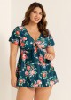 Plus Size Green Floral Short Sleeve Ladies Bathing Suits Swimdress Set