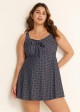 Women's Black Polka Dot Tie Front Modest One Piece Swimdress