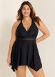 Black Plus Size V Neck Lace Mesh One Piece Swimdress