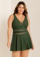 Green V Neck Mesh Swim Skirts For Women One Piece Swimdress