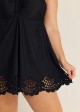Plus Size Black Laser Cut Ruched Drawstring Swim Skirts For Women One Piece Swimdress