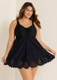 Plus Size Black Laser Cut Ruched Drawstring Swim Skirts For Women One Piece Swimdress
