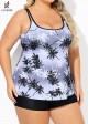 Plus Size Black And White Plants Print Double Straps Modest Tankini Top