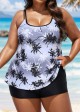Plus Size Black And White Plants Print Double Straps Modest Tankini Top