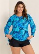 Plus Size Side Tie Adjustable Long Sleeve Rash Guard Tankini Top