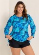 Plus Size Side Tie Adjustable Long Sleeve Rash Guard Tankini Top