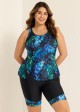 Women Plus Size Plants Print Scoop Neck Stretch Rash Guard Tankini Set