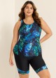 Women Plus Size Plants Print Scoop Neck Stretch Rash Guard Tankini Set