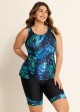 Women Plus Size Plants Print Scoop Neck Stretch Rash Guard Tankini Set