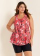 Red Tropical Leaf Print Loose Fit Plus Size Women Tankini Top