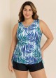 Drawstring Plants Print Fashionable Crochet Fresh Blue Tankini Top