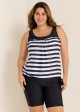 Plus Size Black And White Striped Print Sports Tankini Top