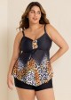 Fashionable Leopard Print V Neck Ruched Front Tankini Top