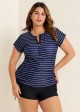 Plus Size Zip Front Striped Short Sleeves Rash Guard Tankini Top