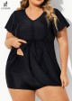 Black Tie Front Ruffled Flowy Short Sleeves Tankini Top