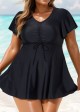 Black Tie Front Ruffled Flowy Short Sleeves Tankini Top