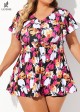 Floral Print Tie Front Ruffled Flowy Short Sleeves Tankini Top