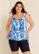 Blue Tie-Dye Irregular Pattern Blouson Tankini Top with Side Tie