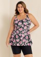 Black Floral Print Square Neck Flowy Modest Plus Size Tankini Swimsuit Top