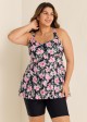 Black Floral Print Square Neck Flowy Modest Plus Size Tankini Swimsuit Top