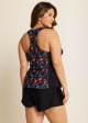 Plus Size Black Leaf Print Zipper Swimsuit And Swimwear Tankini Top