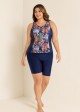 Curvy Navy Leaf Print Zipper Swimsuit And Swimwear Tankini Top