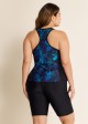 Plus Size Blue Floral Zipper And Color Block Swimsuits Tankini Top