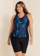 Plus Size Blue Floral Zipper And Color Block Swimsuits Tankini Top