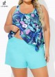 Stylish Floral Print Blue Contrast Trim Tankini Set