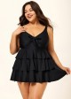 Black Knotted Front Ruffle Tiered Elegant Tankini Top
