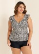 Leopard Print V Neck Ruffle Sleeve Plus Size Women Tankini Top