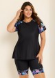 Black Floral Pullover Short Sleeve Fashion Casual Tankini Set