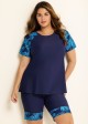Blue Plants Pullover Short Sleeve Modest Plus Size Fashion Casual Tankini Set