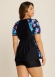 Black Floral Raglan Short Sleeve Waist Shaping Tankini Top