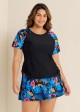 Black Floral Print Side Drawstring Plus Size Tankini Top