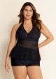 Black V Neck Cut Out Backless Lace Up Tankini Top