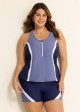 Blue And Purple Color Block Zip Front Sporty Two Piece Bathing Suits Tankini Set